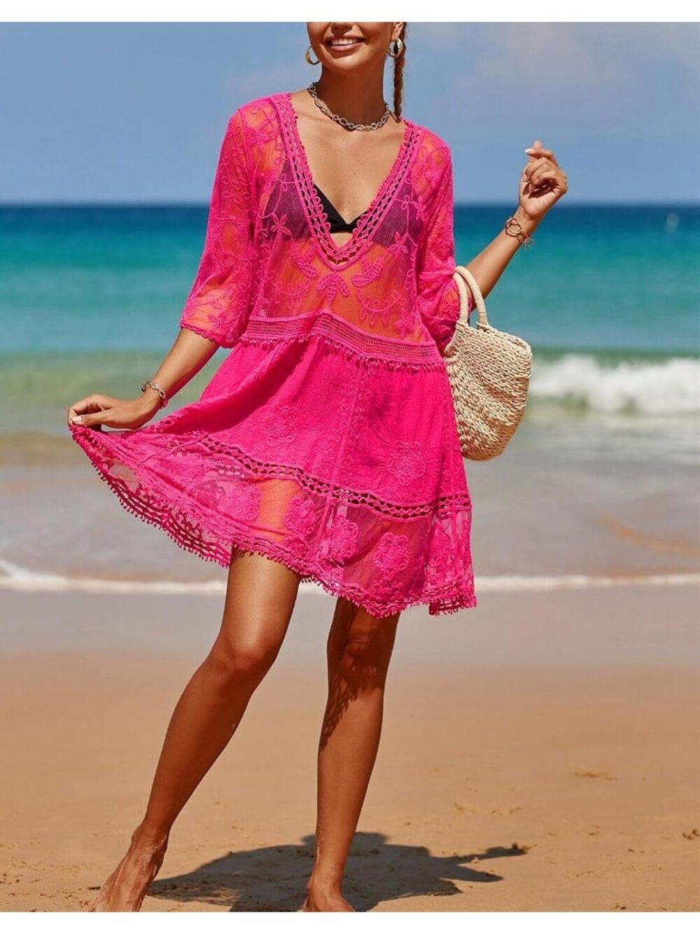 Women's Hot Pink Rayon V-Neck Coverup Mesh Lace Bathing Suit Swimsuit Coverup - Picture 5 of 6